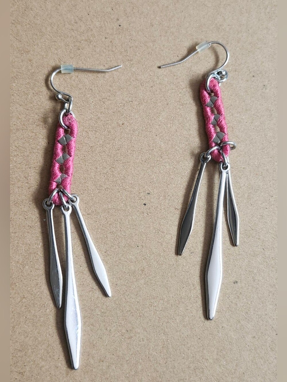 Pink Braided Drop Earrings with Silver Dangles